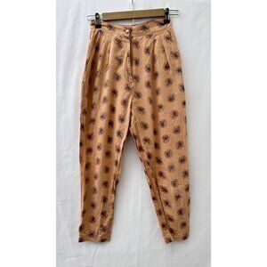 Vintage Floral Pants Womens XS Boho High-Waist Pleated Trousers Tapered